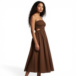 🟤 Faithfull the Brand Brown Strapless Midi Dress Smocked Bodice Cutout dress 4🟤
